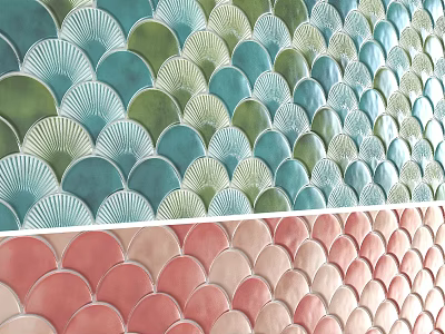 Decorative Fan Shaped Tiles with Pastel Teal and Pink Patterns for Wall Design 3d model