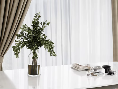 Transparent Glass Vase with Green Foliage on White Table Near Beige White Curtains 3d model
