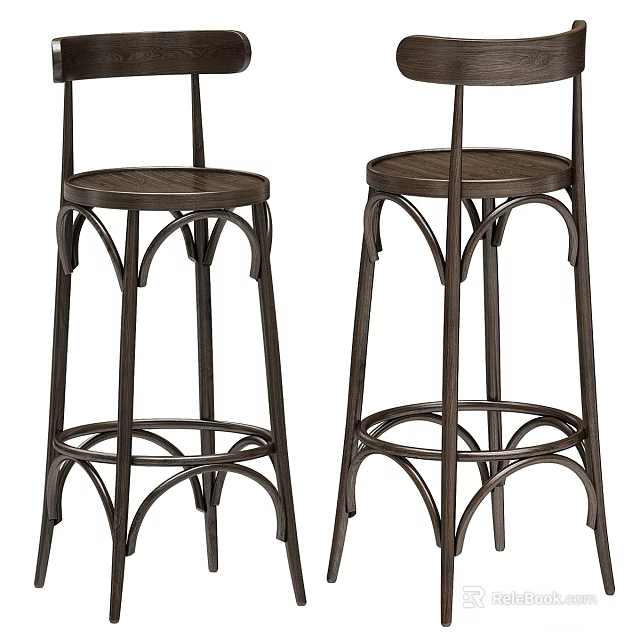 Stylish Bar Stools with Wooden Seats and Curved Metal Frame Design 3d model 