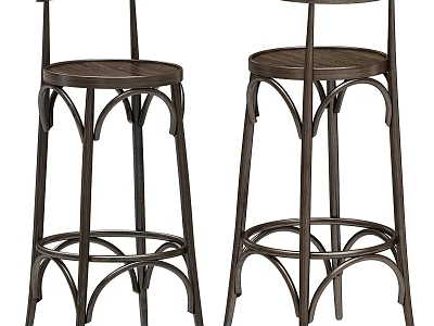 Stylish Bar Stools with Wooden Seats and Curved Metal Frame Design 3d model