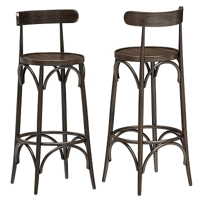 Stylish Bar Stools with Wooden Seats and Curved Metal Frame Design 3d model