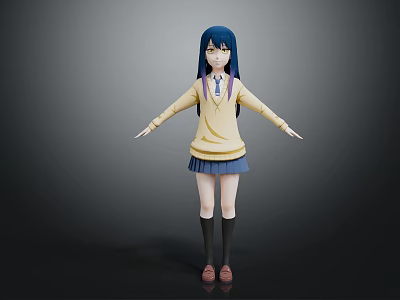 3D Anime Game Character With Blue Black Long Hair Yellow Sweater And Blue Pleated Skirt 3d model