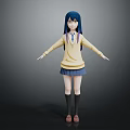 3D Anime Game Character With Blue Black Long Hair Yellow Sweater And Blue Pleated Skirt