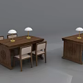 Classic Wooden Table and Chair Set with White Table Lamps in Neatly Arranged Rows
