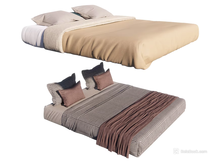 Double Bed With Beige Bedding Striped Sheets Pillows And Brown Blanket 3d model