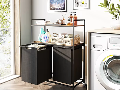 Laundry Storage Rack With Double Black Baskets Metal Frame And Cleaning Supplies For Modern Room 3d model