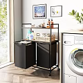 Laundry Storage Rack With Double Black Baskets Metal Frame And Cleaning Supplies For Modern Room