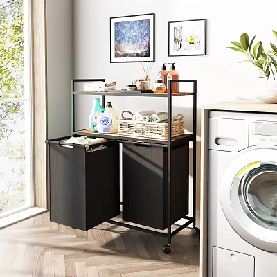 Laundry Storage Rack With Double Black Baskets Metal Frame And Cleaning Supplies For Modern Room 3d model