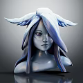 3D Fantasy Character Bust Design With White Blue Hair Wing Like Horns And Purple Eyes