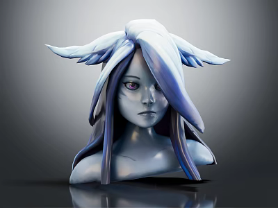 3D Fantasy Character Bust Design With White Blue Hair Wing Like Horns And Purple Eyes 3d model