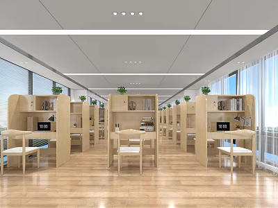 Bright Spacious Study Room With Wooden Desks Bookshelves Computers And Green Plants 3d model