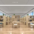 Bright Spacious Study Room With Wooden Desks Bookshelves Computers And Green Plants