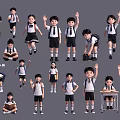 Multiple Children in School Uniforms with Various Poses and Actions