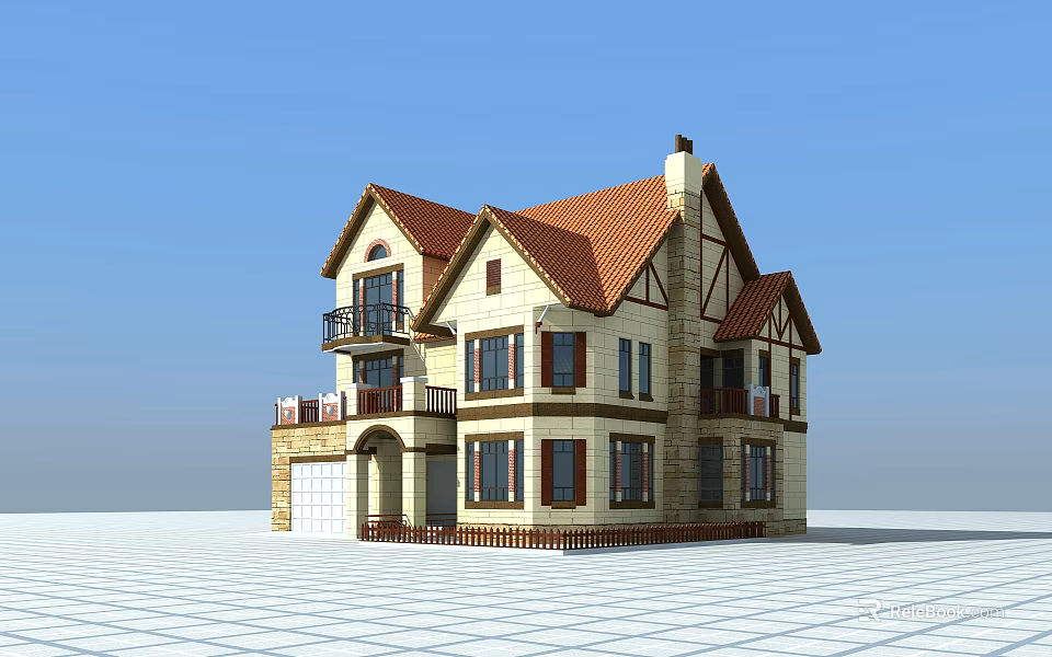 Two Story Detached Villa With Red Roof Yellow Walls Wooden Accents And Balcony 3d model 