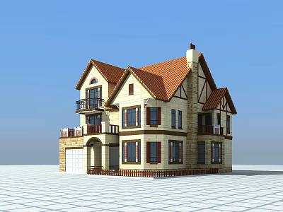Two Story Detached Villa With Red Roof Yellow Walls Wooden Accents And Balcony 3d model