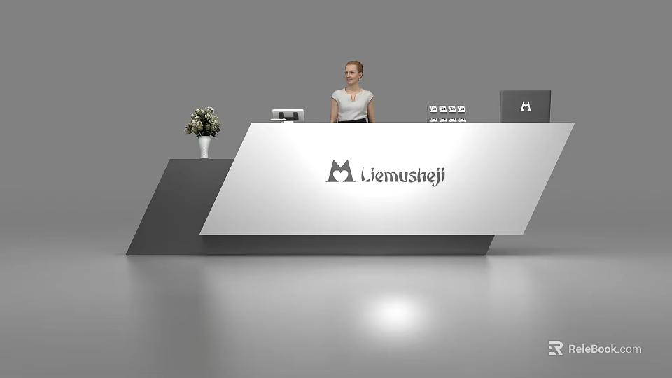 Modern Reception Desk With Branded Lienustejf Sign Flower Vase And Receptionist In White Shirt 3d model 