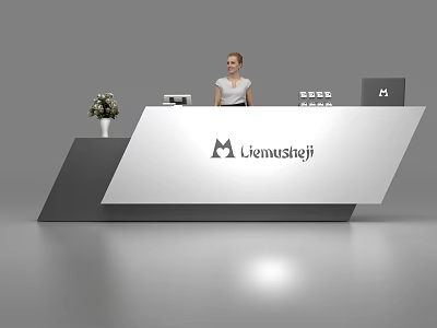 Modern Reception Desk With Branded Lienustejf Sign Flower Vase And Receptionist In White Shirt 3d model