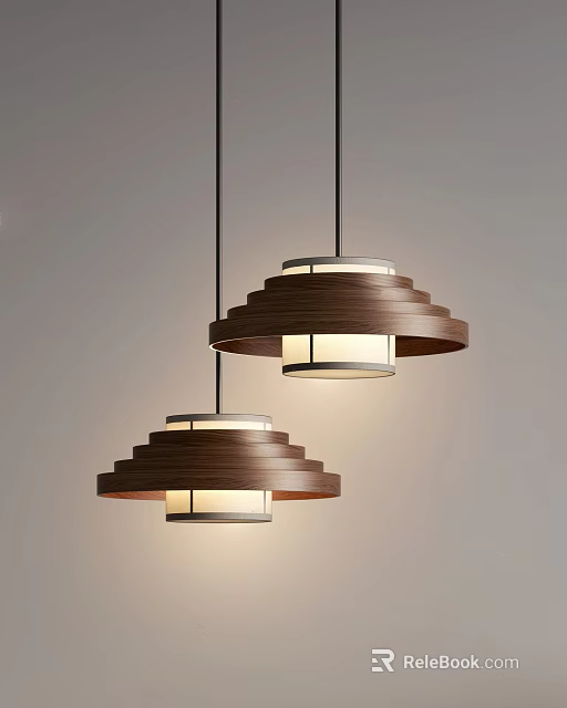 Modern Wooden Chandeliers with Layered Circular Design and Illuminated Inner Lampshades for Interior Decoration 3d model 
