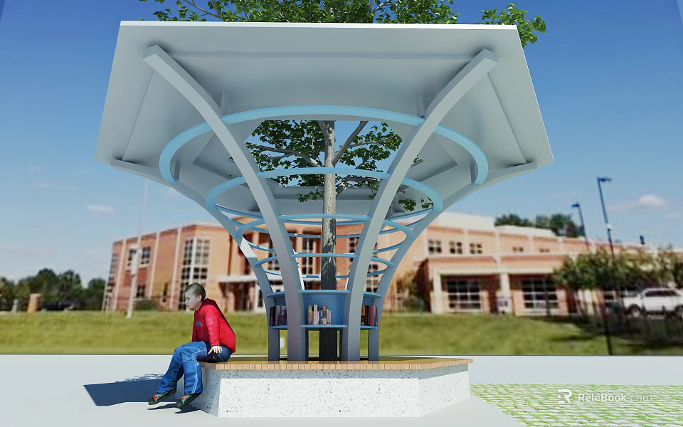 Outdoor Shelter With Tree And Person Sitting On Bench Near Red Brick Building 3d model 