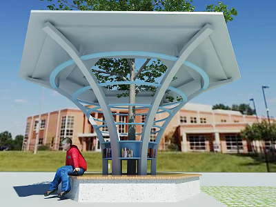 Outdoor Shelter With Tree And Person Sitting On Bench Near Red Brick Building 3d model