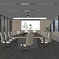 Modern Conference Room With Long Table Multiple Chairs Projection Screen And Large Windows 3d model