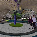 Curved Pergola Design With Purple Tree Modern Building Background And People Resting