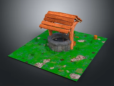 Wooden Well Frame With Stone Base Surrounded By Green Grass Decorative Stones And Mushrooms 3d model