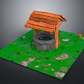 Wooden Well Frame With Stone Base Surrounded By Green Grass Decorative Stones And Mushrooms