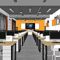 School Computer Classroom Setup With Student Desks Computers And Projection Screen 3d model