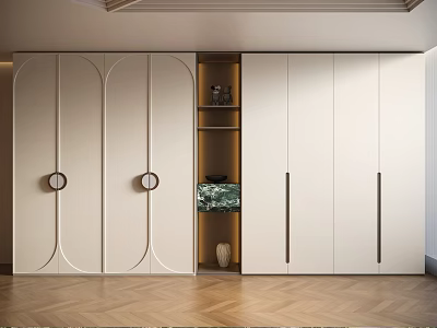 Modern Beige Wardrobe Design With Circular Handles Central Open Compartment And Herringbone Wooden Floor 3d model