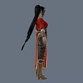 Woman In Traditional Red Long Dress With Decorative Belt And Leather Boots