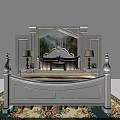 Elegant White Bedroom Interior With Scenic Headboard Painting And Table Lamps On Nightstands