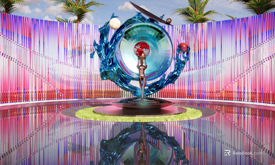 Sculpture With Blue Structure Human Figure Red White Spheres Purple Pink Striped Background Palm Trees 3d model 