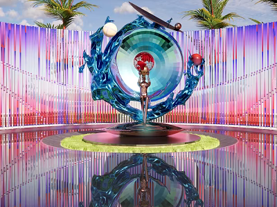 Sculpture With Blue Structure Human Figure Red White Spheres Purple Pink Striped Background Palm Trees 3d model