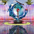 Sculpture With Blue Structure Human Figure Red White Spheres Purple Pink Striped Background Palm Trees