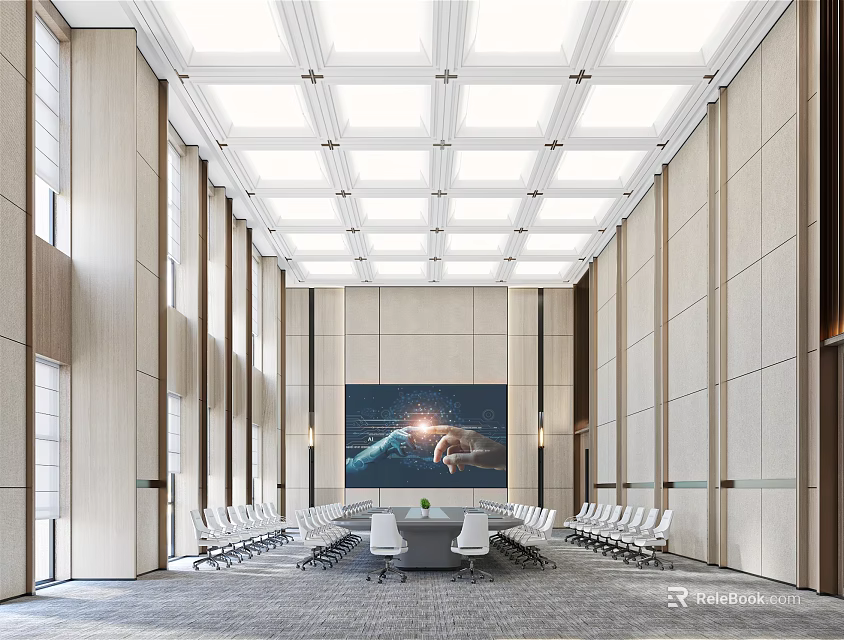Modern Large Conference Room Interior With Long Table White Chairs Ceiling Lighting And Mural 3d model 