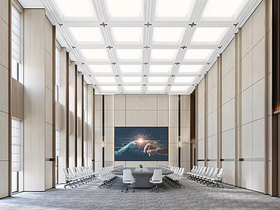 Modern Large Conference Room Interior With Long Table White Chairs Ceiling Lighting And Mural 3d model