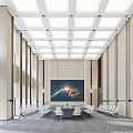Modern Large Conference Room Interior With Long Table White Chairs Ceiling Lighting And Mural
