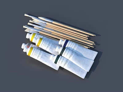 Colorful Paint Tubes And Wooden Handle Brushes Neatly Arranged On Gray Background 3d model