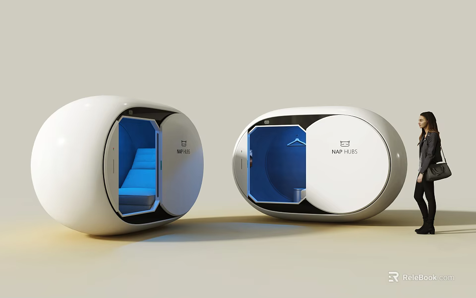 Futuristic Cinema Pod Design With White Oval Exterior And Blue Interior Lighting 3d model 