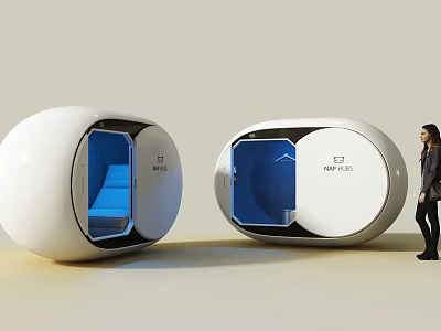 Futuristic Cinema Pod Design With White Oval Exterior And Blue Interior Lighting 3d model