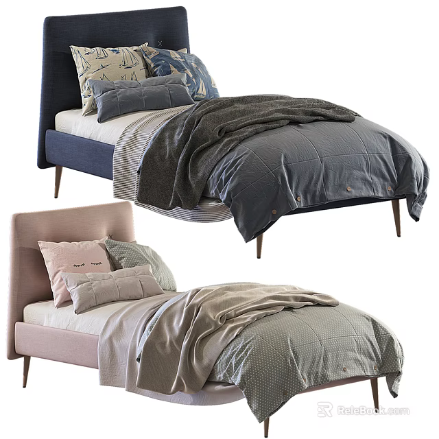Stylish Single Bed Designs With Upholstered Headboards Soft Pillows And Warm Blankets 3d model