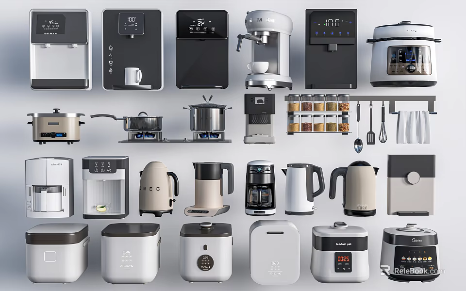 Various Modern Kitchenware Including Coffee Makers Rice Cookers And Cookware Tools 3d model 