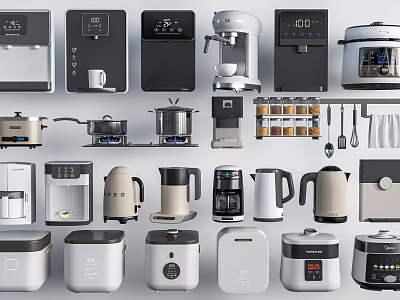 Various Modern Kitchenware Including Coffee Makers Rice Cookers And Cookware Tools 3d model