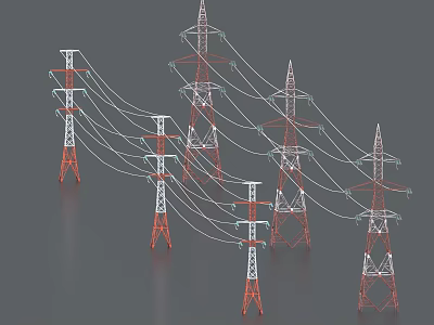 Industrial High Voltage Transmission Towers Supporting Power Lines Network Structure 3d model
