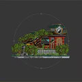 Cartoon Scene Model Featuring Traditional Chinese Architecture Green Roofs Red Pillars And Trees