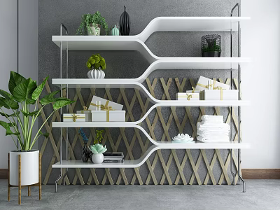 White Modern Geometric Shelving Unit with Green Plants Vases Gift Boxes Towels for Home Interior 3d model