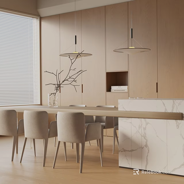 Modern Open Kitchen Dining Table Set With Beige Chairs And Marble Island 3d model