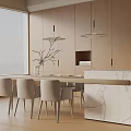 Modern Open Kitchen Dining Table Set With Beige Chairs And Marble Island 3d model