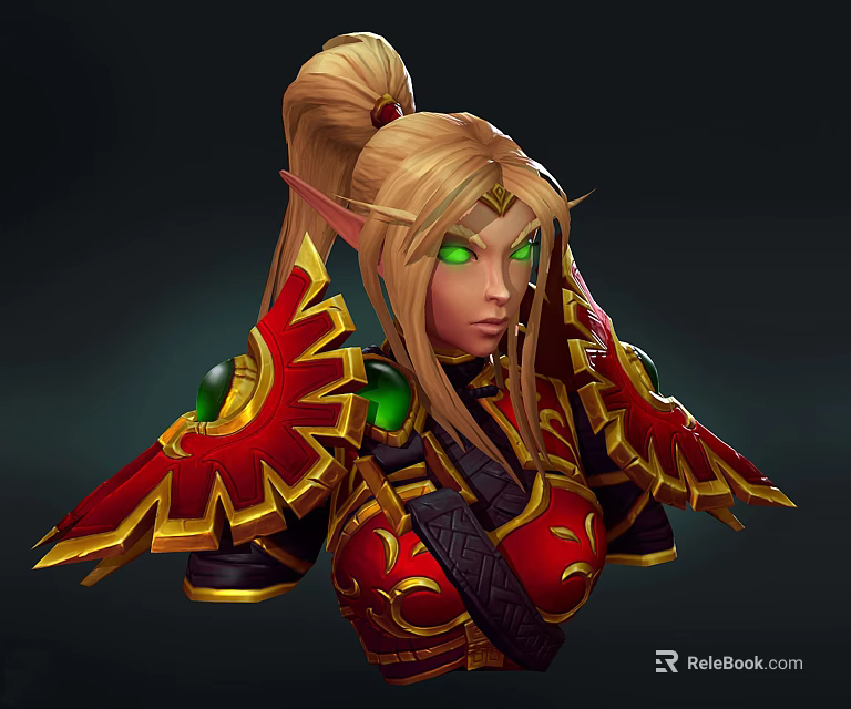 Female Elf Warrior With Blonde Ponytail Green Eyes And Red Gold Armor 3d model 
